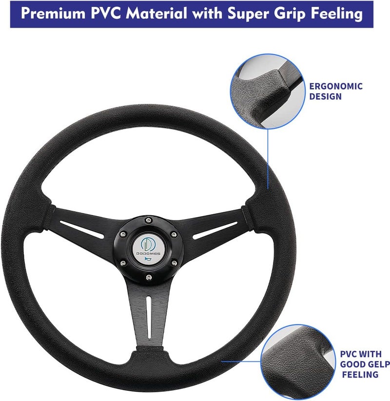 Dodomes Racing/Golf Cart Steering Wheel Universal Fit Car and Club Car DS &Precedent EZGO Yamaha Golf cart 13.8”/350mm 6 Bolts Grip Vinyl Leather & Aluminum with Horn Button (Black) - Image 4